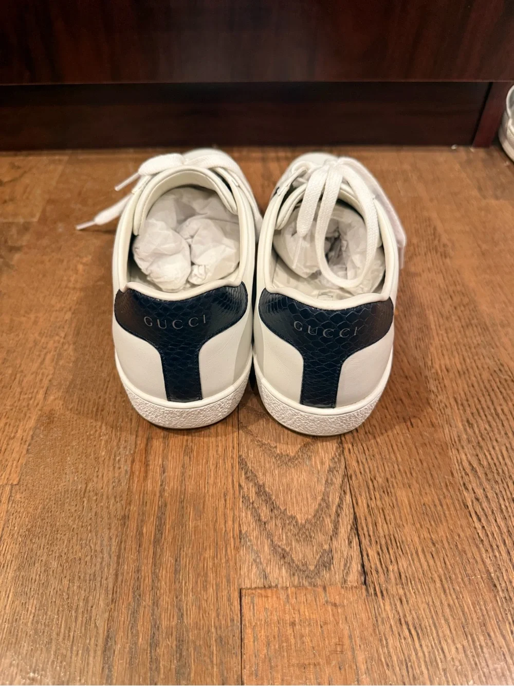 Gucci Ace Classic White Leather Web Stripe Sneakers Navy Snakeskin Heel